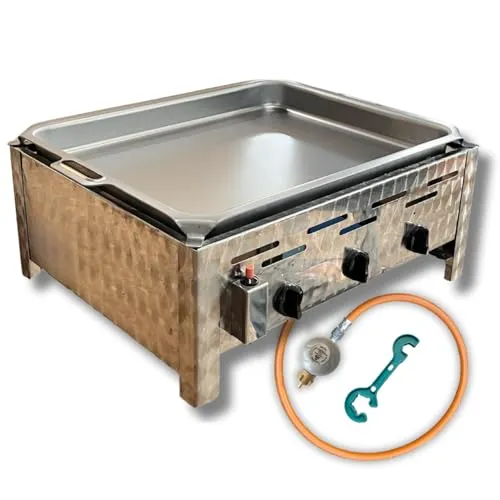 BlueCraft Gasgrill 3-flammig Edelstahl Gastrobräter - Professioneller Gasgrill aus rostfreiem Edelstahl mit 20% geringerem Gasverbrauch, ideal für Gastronomie und private Grillpartys. Inklusive Pfanne, Gasschlauch und Druckminderer.