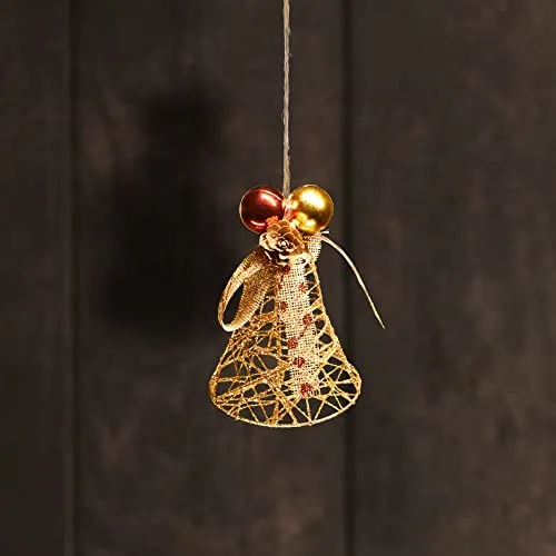 com-four® Deko Weihnachts-Glocke - glitzernde Weihnachtsdekoration zum Aufhängen - Adventsdekoration mit Schleife, Tannenzapfen und Kugeln - goldfarbener Deko-Anhänger (Glocke - goldfarben/braun/rot)