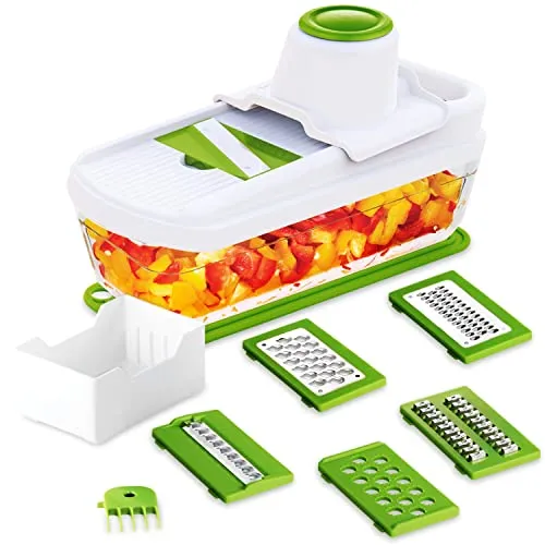 TAVIALO Gourmet Mandoline Gemüsehobel-Set, 11-teilig - Gemüsehobel mit 6 austauschbaren Edelstahlklingen für vielseitiges Schneiden, BPA-frei und spülmaschinenfest – ideal für gesunde, schnelle Gerichte.