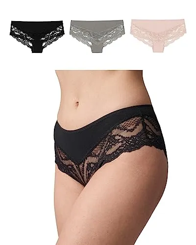 Snocks 3er Pack Hipster Lace - Damen Baumwolle Panties mit Spitze - Gr. L - Farbe Mix (Apricot/Grün/Schwarz) - Bequeme Damen Hipster Lace Unterwäsche aus 95% Baumwolle und 5% Elasthan. Das nahtlose Design sorgt für ein unsichtbares Tragegefühl unter der Kleidung. Eleganter Spitzenbesatz für einen modischen Look, ideal für den Alltag.