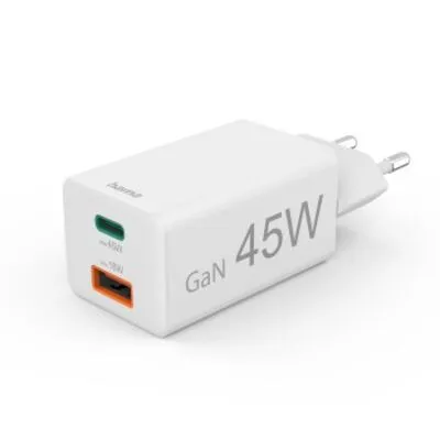 HAMA Schnellladegerät 45W - Mini-Ladegerät mit 1x USB-C und 1x USB-A, leistungsstark und kompakt für gleichzeitiges Laden zweier Geräte