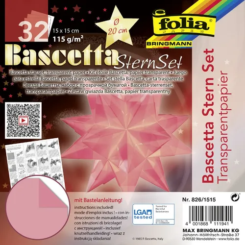 Folia Faltblätter Bascetta-Stern 150 x 150 mm - Rosa - Sonstige, ideal für kreative Bastelprojekte, 32 transparente Blätter für beeindruckende 3D-Stern-Designs.