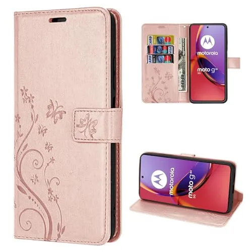betterfon Hülle Kompatibel mit Motorola Moto G84 | Premium PU Leder Handyhülle Wallet Case für Moto G84 | Schutzhülle Blumen Klapphülle Handyhülle | Rosegold