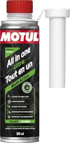 Motul Multifunktions-Additiv Benzin, Mehrfach wirksames Reinigungs-Additiv für Injektoren und Vergaser, Weniger Verbrauch und Emissionen, Ideal vor TÜV-Prüfungen, All In One Ultra Gasoline, 300 ml