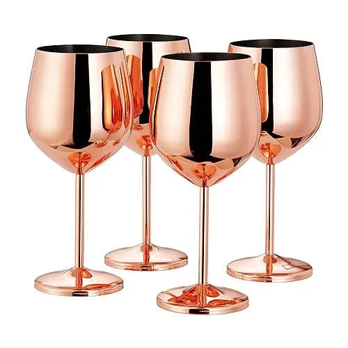 Oak & Steel - 4 elegante große Weingläser in Roségold - Bruchsicheres Glas Geschenkset für Hausbar, Hochzeit, Jubiläum, Geburtstagsfeier, Camping Weingläser unzerbrechlich, 4 Pieces 21 x 9 cm, 0.5 L