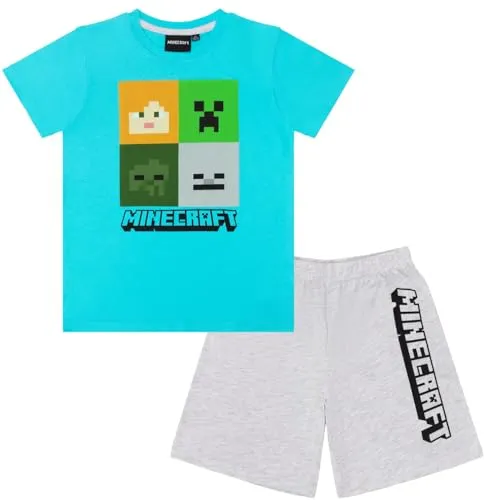Minecraft Kinder Pyjama kurzer Schlafanzug Creeper (Türkis, 128)