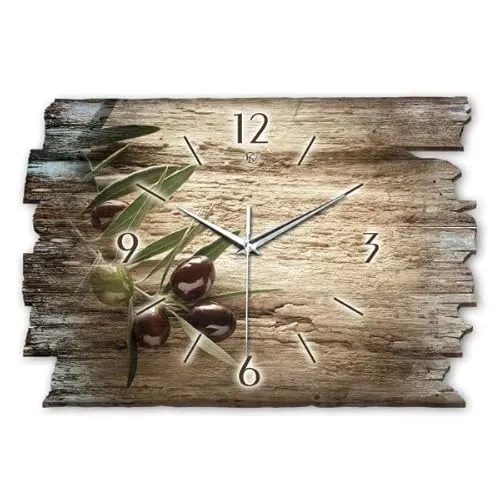 Designer Wanduhr „Oliven“ aus Holz 40x27cm im Shabby Style Design - Designeruhr mit flüsterleisem Uhrwerk ohne Ticken WH005L (Kamille, leises Quarzuhrwerk) (Oliven, leises Quarzuhrwerk)