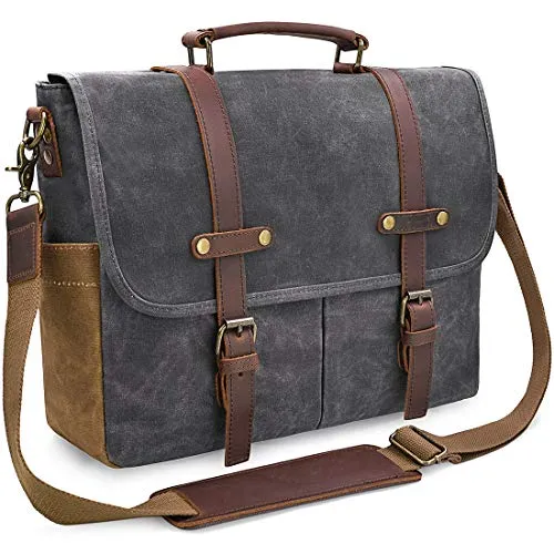 NEWHEY Herren Umhängetaschen Aktentasche Laptoptasche Wasserdichte Canvas Groß Arbeitstasche Messenger Bag Männer Vintage 15.6 Grau