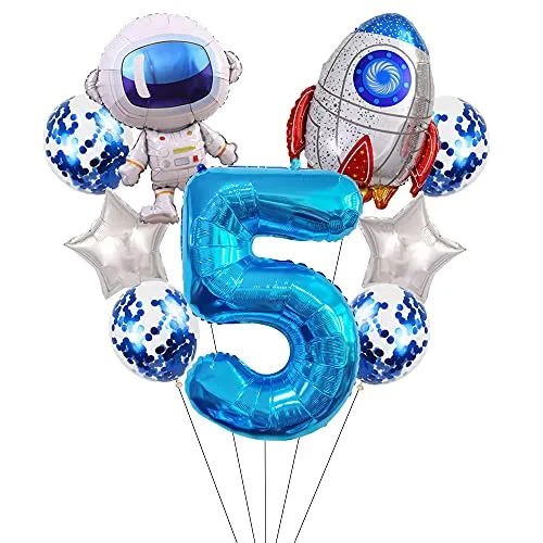 Liitata Weltraum Luftballon Set 5. Kinder Geburtstag Deko Zahl 5 Folienballon Blau Großes Astronaut Raketen Luftballons Stern Ballon Konfetti Luftballons für Junge Geburtstag Party Motto Party Deko