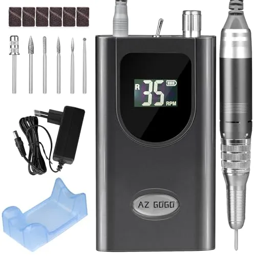 Nagelfräser, AZ GOGO 35000U/Min Professionelle elektrische Nagelfeile für Gelnägel, Maniküre- und Pediküre-Set mit LED-Anzeige, 6 Aufsätzen und 2 Keramik-Bits für präzise Nagelpflege und Styling