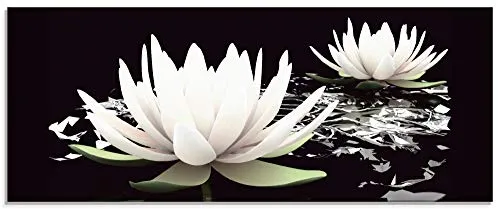 ARTland Wanddeko Glasbilder Wandbild Glas Bild einteilig 125x50 cm Querformat Asien Botanik Blumen Blüten Lotusblume Seerose Modern Schwarz Weiß T9NL