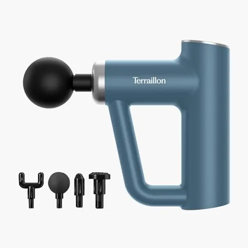 TERRAILLON - FITNESS MASSAGER – Multizonen-Muskelmassagepistole, 6 Massagegeschwindigkeiten 1800-3200 U/min, lindert und entspannt die Muskeln, Muskelregeneration, 4 Aufsätze, USB-C, Blau