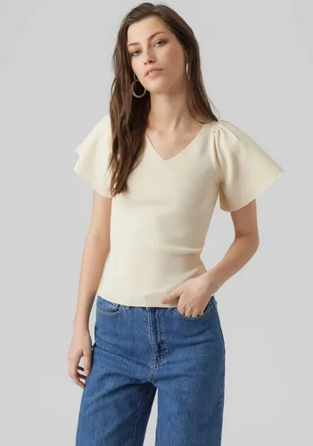 VERO MODA Damen Rüschen T-Shirt VMGINNY - Kurzarm V-Neck Top mit Puffer-Ärmeln - T-Shirts für Damen, gemütliches Strickmaterial mit modischen Rüschen und V-Neck, ideal für einen lässigen Look in jedem Jahr.
