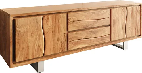 DELIFE Fernsehtisch Live-Edge Akazie Natur 200 cm - TV-Halterungen aus massivem Akazienholz mit natürlicher Baumkante, viel Stauraum und einzigartigem Design für ein stilvolles Wohnambiente.