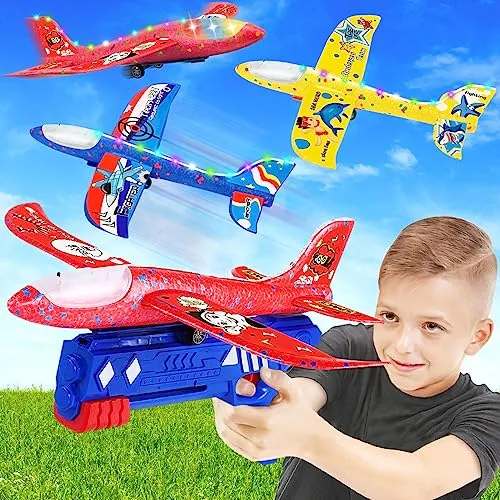 NCKIHRKK Flugzeug Spielzeug, 3 Stück Styroporflieger mit Katapult Pistole, Beleuchteter Flugzeugrumpf, Fugzeug Styropor Outdoor Spiele für Kinder, Outdoor Spielzeug Junge Mädche 3 4 5 6 7 8 9 Jahre