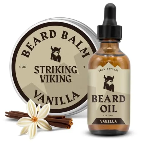 Striking Viking Bartpflege-Set mit Bartbalsam & Bartöl - 30 g / 30ml, Vanille - Bartöl mit Duft - Zähmt, stylt, befeuchtet Bärte & Schnurrbärte - Mit Argan & Jojoba Öl