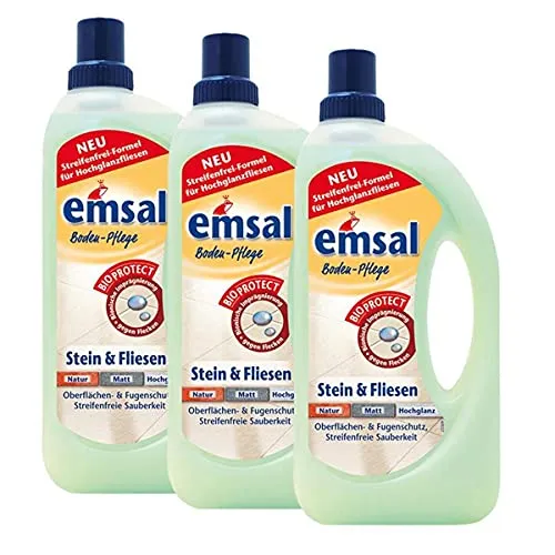 3x emsal Boden-Pflege Stein & Fliesen 1 Liter – Optimaler Oberflächenschutz - Effektiver Bodenreiniger für offenporige Stein- und Fliesenoberflächen. Schützt und pflegt, ideal auch für Grabsteine. Im Set enthalten: 3x 1 Liter für langfristige Pflege.
