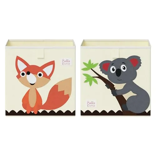 Bellabino Kinder Aufbewahrungsbox 2er Set Helme, Spielzeugbox für Kinderzimmer, Spielzeug Box, Spielzeug Aufbewahrung Motiv Koala/Fuchs, Maße 30x30x30 cm