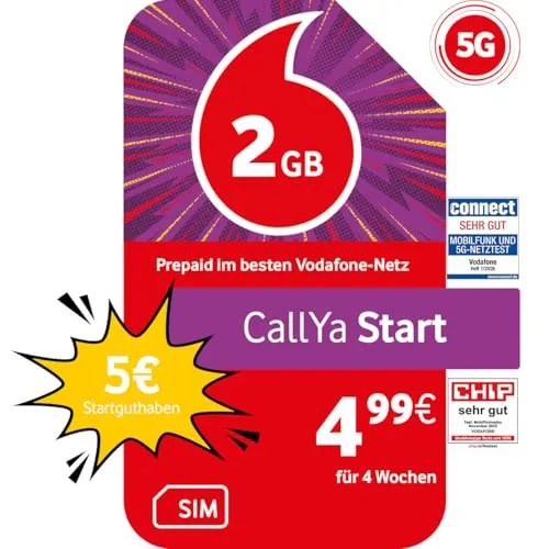 Vodafone Prepaid CallYa Start | 2 GB | 5 EUR Startguthaben | ohne Vertrag | 5G-Netz | Telefon- SMS-Flat | EU-Roaming
