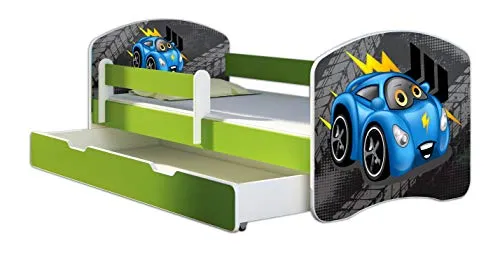 ACMA Kinderbett Jugendbett mit Einer Schublade und Matratze Grün mit Rausfallschutz Lattenrost II 140x70 160x80 180x80 (04 Blaue Auto, 180x80 + Bettkasten)