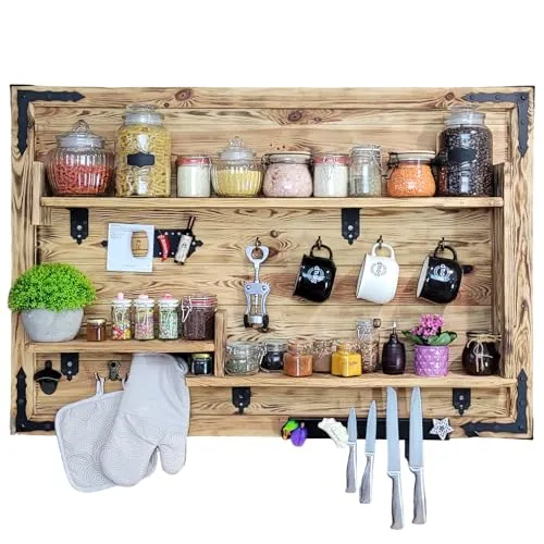 weeco Hängeregal Handgemacht - Rustikales Gewürzregal aus Holz und Metall - Praktisches Küchendekor mit 3 Regalen und nützlichen Gadgets, handgefertigt aus Kiefernholz. Ideal für Gewürze und eine stilvolle Wandgestaltung in Küche oder Wohnzimmer.