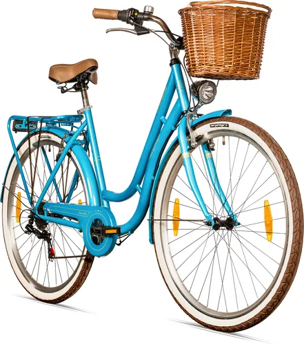 Bergsteiger Marseille Damenfahrrad 26 Zoll - Damen-Citybike im Retro-Design mit 6-Gang Shimano Tourney Schaltung, Rattan-Korb und dynamobetriebenem Licht – ideal für stilvolle Ausflüge in der Stadt.