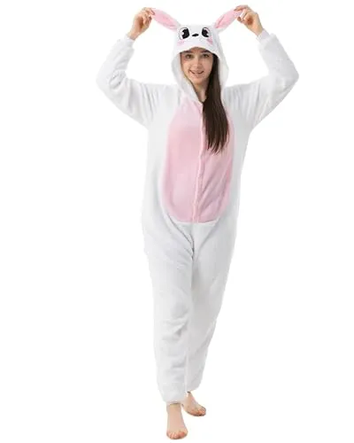 Katara 1744 Hase rosa/weiß Kostüm-Anzug - Damen-Schlafanzug-Einteiler: Flauschiger Jumpsuit für Erwachsene und Kinder, ideal zum Chillen oder Feiern - ein Hit auf jeder Party!