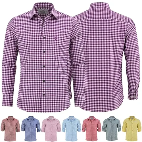 German Wear Trachtenhemden für Herren mit Langen Ärmeln, klassisches Karomuster, hochwertige bayerische Mode mit Hirsch-Stickerei und kardieten Ärmeln Lila- Medium