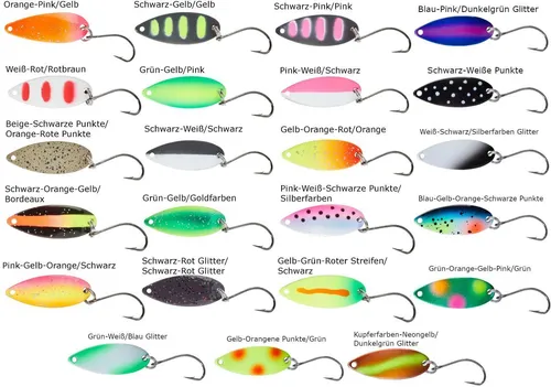 Balzer Spoons Pro Staff Series Catcher 2g - Forellenblinker, Farbe:Kupferfarben-Neongelb/Dunkelgrün Glitter