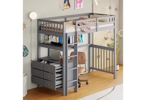 Odikalo Kinderbett Massivholzbett Hochbett Leiter Schubladen Regal Zaundesign Grau 90x200