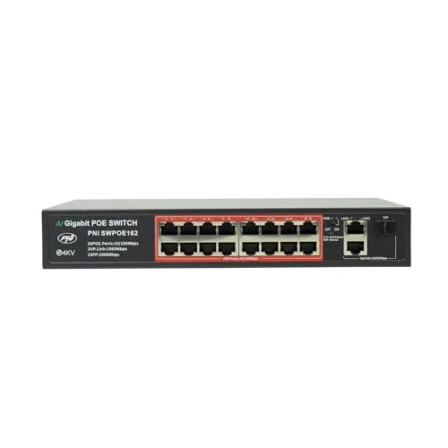 PNI Switch POE SWPOE162, 16 POE 100 Mbit/s-Ports, 2 UP Link 1000 Mbit/s-Ports, 1 SFP 1000 Mbit/s-Port, 240 W, AI Extend-Funktion bis zu 250 m, 4 kV-Blitzschutz