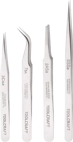 TOOLCRAFT Edelstahl-Pinzetten-Set 4tlg - Präzisions-Pinzettenset aus rostfreiem Edelstahl, ideal für feine Arbeiten in Modellbau und Elektronik.