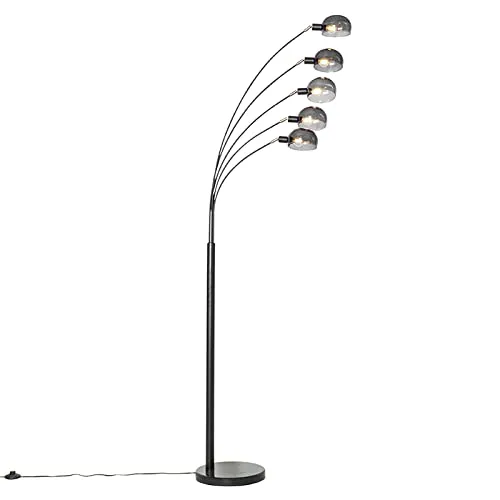 QAZQA Design Stehlampe Schwarz mit Rauchglas - 5-flammig Sixties Marmo - Moderne 5-flammige Stehlampe aus Stahl und Glas mit Marmor, ideal für stimmungsvolle Beleuchtung im Wohnzimmer oder Schlafzimmer. Individuell einstellbare Arme für flexibles Design.