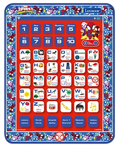 LEXIBOOK, Spidey and His Amazing Friends, Lerntablett, Lerntablett, Spielzeug zum Lernen von Alphabet, Buchstaben, Zahlen, Wörtern, Rechtschreibung und Musik, Englisch/Italienisch, Blau/Rot
