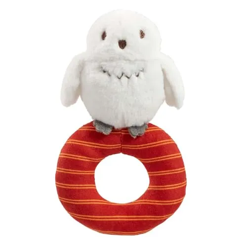 Rainbow Designs Harry Potter Hedwig Plüsch-Babyrassel - Weiches sensorisches Spielzeug für Neugeborene - ab Geburt geeignet Ringrassel für die frühe Entwicklung - Spielzeit und Begleiter für unterwegs