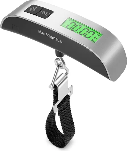 deleyCON Digitale Kofferwaage Gepäckwaage mit Display (bis 50kg, Inkl. Batterie) Tragbare Waage mit Haken für Reisen Koffer Küche Angeln Hängewaage Fischwaage mit TARA Funktion Silber/Schwarz