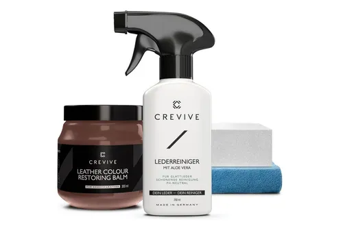 CREVIVE Lederpflegeset 4-teilig - All-in-One Lederpflege-Set für Autositze und Möbel: 300 ml Lederbalsam und 250 ml Reiniger mit Aloe Vera für nachhaltige Lederreparatur und Farbauffrischung.
