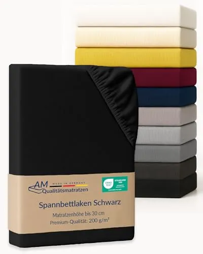 AM Qualitätsmatratzen Premium Spannbettlaken 110x200cm Baumwolle (200gsm) in Schwarz - Made in Germany - Oeko TEX zertifiziertes Bettlaken 110x200 Baumwolle - Jersey Spannbetttuch - Fitted Sheets