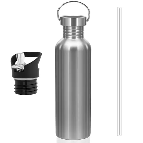 lompyeu Trinkflasche Edelstahl 1L,Nicht Isolierte Einwandige wasserflasche mit 2 Auswechselbare Kappen,BPA-Frei Sportflasche, Outdoor Trinkflaschen für Sprudel, Sport, Schule, Fitness