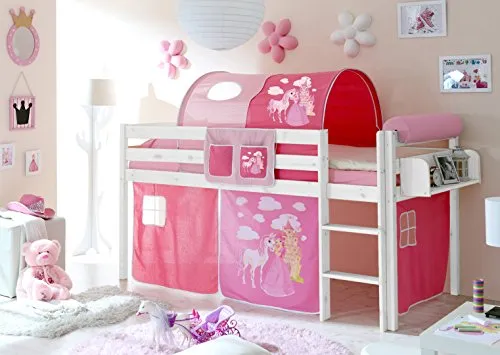 Hochbett Spielbett Malte Kiefer massiv Weiss, Vorhangstoff:Horse Pink