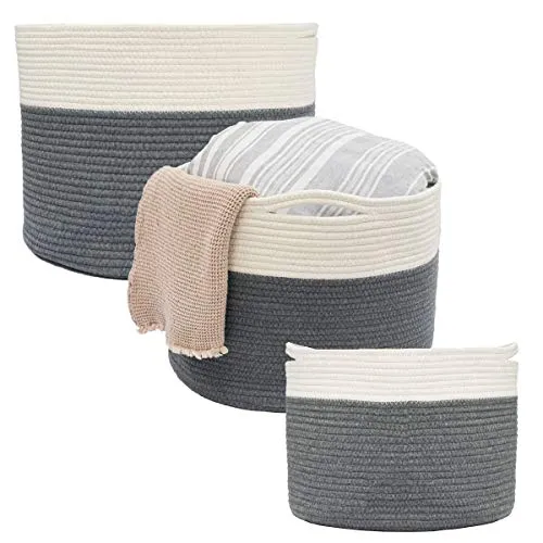 DuneDesign 3er Set Wäschekorb Geflochten - 20-45l Baumwoll Korb Aufbewahrung - Wäschesammler Kinder Korb Wickelkommode Baby Wäschekorb Wickeltisch - Aufbewahrungskorb Spielzeug Deko Körbe Geflochten
