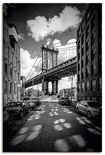 ARTLAND Wanddeko Leinwand Bilder Wandbild 60x90 cm Architektur Manhattan Bridge Brücke Brooklyn Straße Autos New York U3NN
