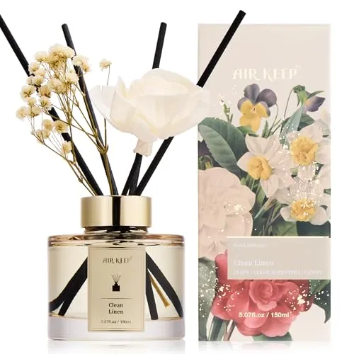 Airkeep Raumduft Clean Linen, Rose Reed Diffuser Set 150ml, Raumduft mit Stäbchen, Lufterfrischer Für Badezimmer, Wohnung, Heimdekoration