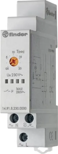 Finder 14.91.8.230.0000 Treppenlichtzeitschalter - Treppenlichtzeitschalter für Hutschiene, retriggerbar mit Nulldurchgangsschaltung, ideal für die Nachrüstung bestehender Anlagen und sorgt für effiziente Lichtsteuerung.