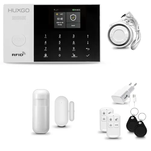 HUXGO® HXA005 Alarmanlage Haus WiFi + GSM mit Sirene | Alarm System mit Bewegungssensor, Fensteralarm/Türalarm | Wohnmobil Alarmanlage Fernbedienung | Smart Home Security TUYA