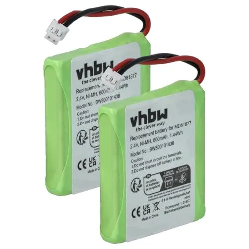 vhbw 2X NiMH Akku 600mAh (2.4V) kompatibel mit schnurlos Festnetz Telefon Audioline Slim DECT 500, DECT 502 Ersatz für 5M702BMX, GP0827, GPHP70-R05.