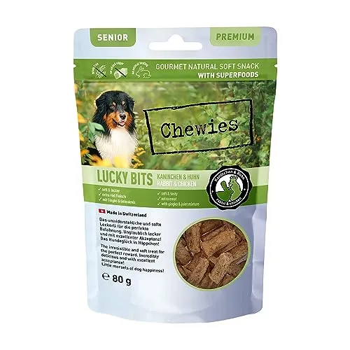 Chewies Lucky Bits Kaninchen & Huhn Senior Hundeleckerli - Hunde-Leckerlis getreidefrei & Soft mit viel Protein und Superfoods wie Bierhefe oder Ginkgo, ohne Zucker (80 g)