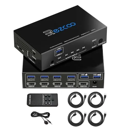 USB3.0 HDMI KVM Switch 4 Port 4 In 1 Out 4K 60Hz 4 In 4 Out SPDIF 5.1 Audio Breakout Mouse/Keyboard/Wireless USB for PC,Printer,Scanner,Windows,Linux, HDR HDMI Auto Switch 4x1,IR Remote KVM 4X1