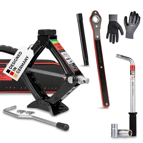HEYNER® Wagenheber 1t Traglast Scherenwagenheber Set mit Radmutternschlüssel & Montagehandschuhe drehbarer Sattel und Gummiauflage TÜV & GS
