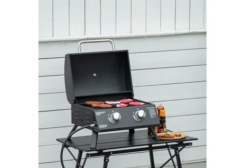 Outsunny Gasgrill Campinggasgrills mit 2 Brennern, Gasgrill, Tischgrill, Edelstahl Schwarz 55 x 46,5 x 41 cm